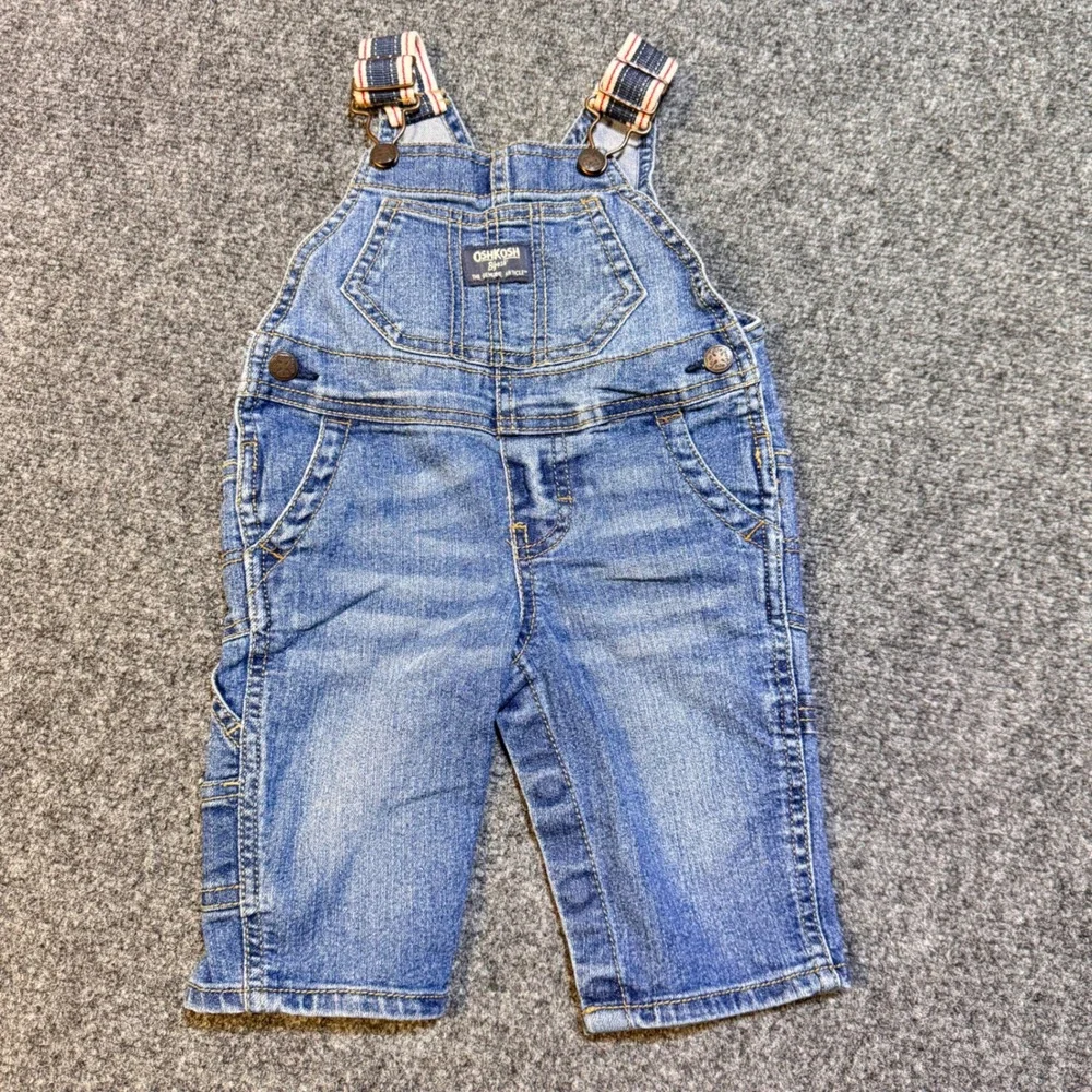 OshKosh B'gosh Denim Overalls Baby 6M Blue Vestbak Striped Straps Classic Work